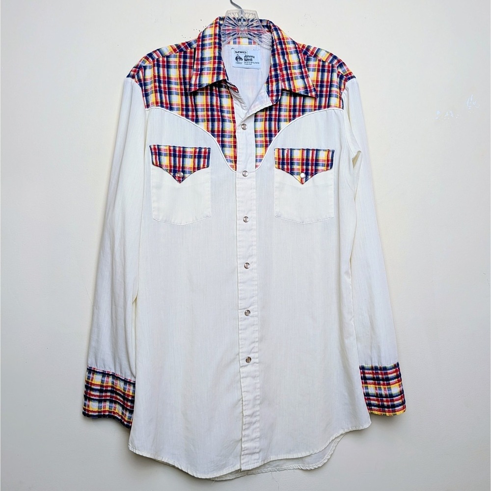 MWG Johnny West Pearl Snap Western Shirt Plaid Vintage 70s Size Medium